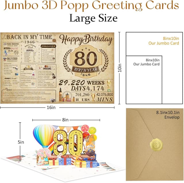Detalle de 80th Birthday 3D Pop Up Greeting Card (Born in 1946) with Envelope