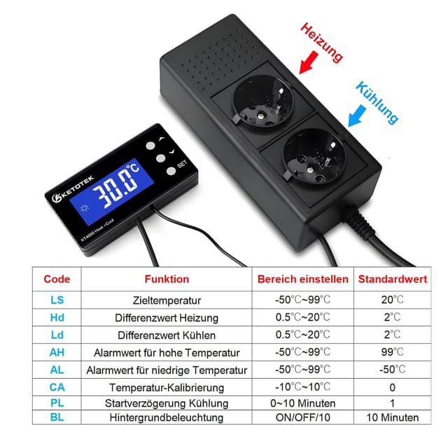 Detalle 2 de KETOTEK digitaler Thermostat-Steckdose KT4000 (230V) mit wasserdichtem Fühler für Aquarium, Gewächshaus & Heizung/Kühlung