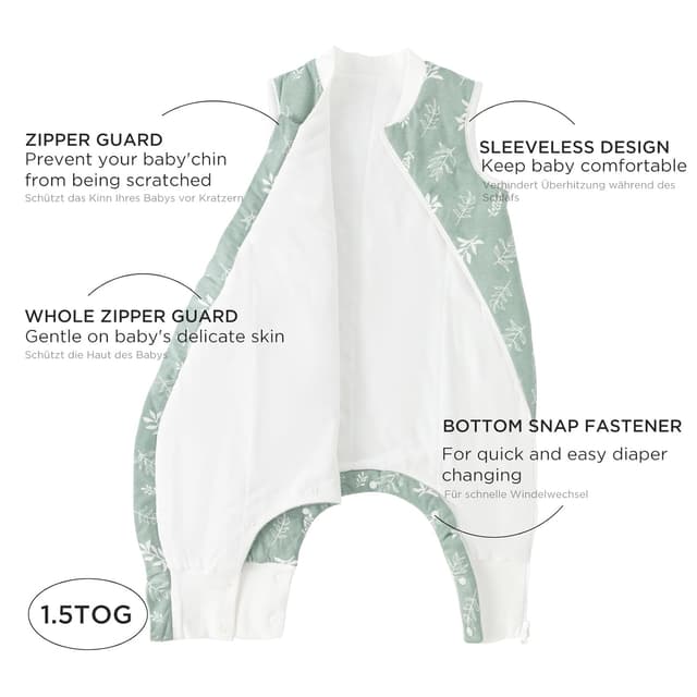 Detalle de Duomiaomiao Schlafsack 1,5 Tog aus 100% Baumwolle mit Beinen für 3–4 Jahre (Grün)