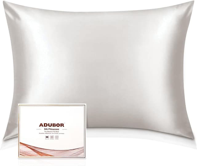Detalle de Adubor 100% Mulberry Silk Pillowcase (22 Momme) with Hidden Zipper, Queen Size, Ivory White – 1pc