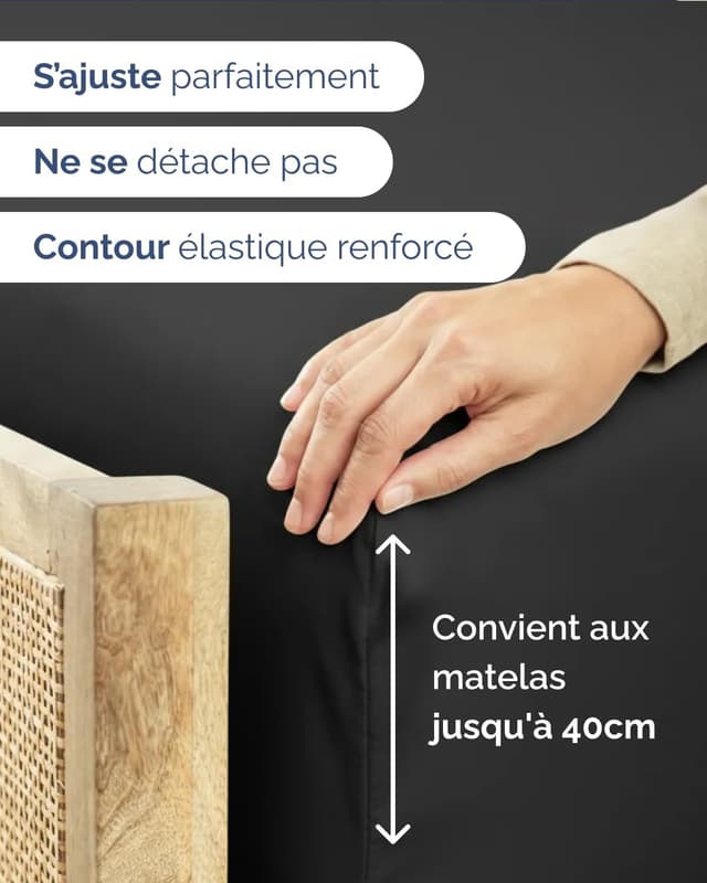 Detalle de Drap-housse 160x200 cm noir à bonnet 40 cm extra profond (microfibre polyester brossé)