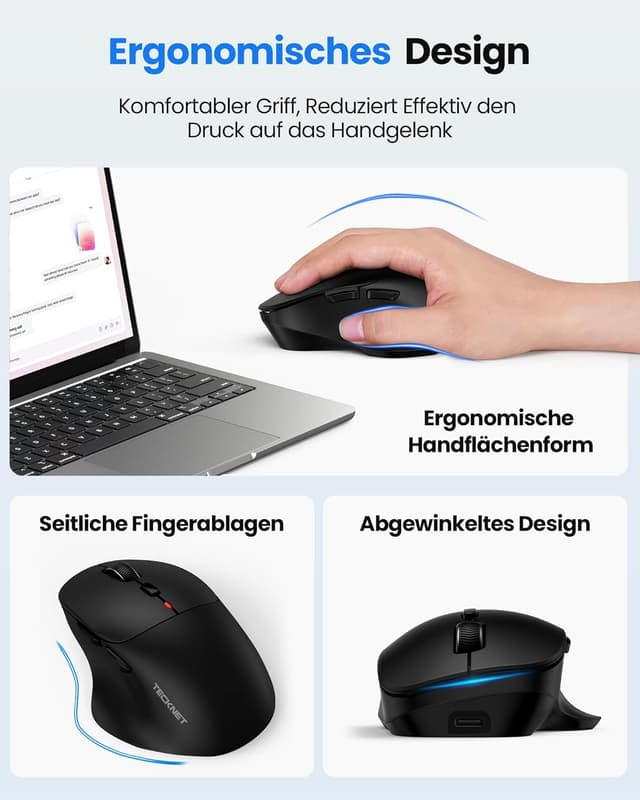 Detalle 2 de TECKNET Bluetooth Maus wiederaufladbar (Tri-Modi: BT 5.0/3.0 + 2.4G) mit ergonomischer Daumenauflage und 4.800 DPI