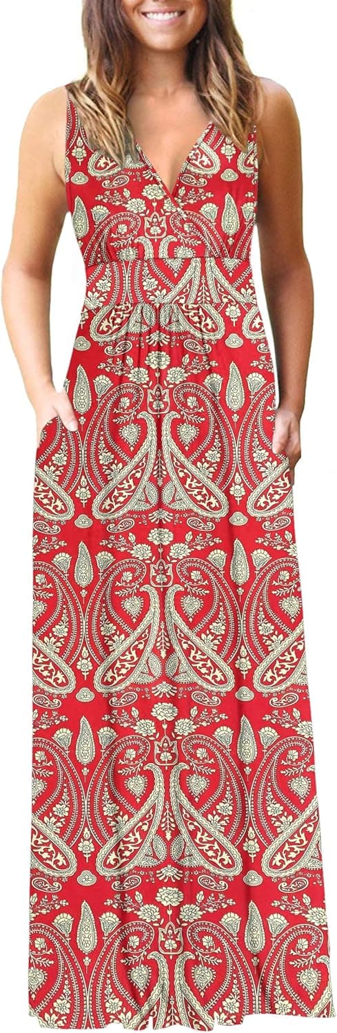 Detalle de AUSELILY Sommerkleid Damen Lang ärmellos Wickelkleid mit V-Ausschnitt und Taschen