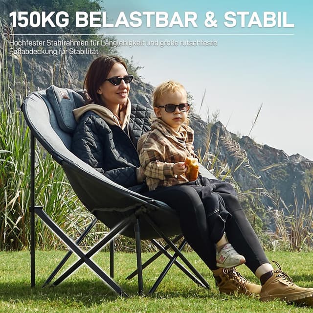 Detalle de EVER ADVANCED Luxus Moonchair XXL Campingstuhl faltbar, 150 kg belastbar, extra breit mit Kissen – Grau