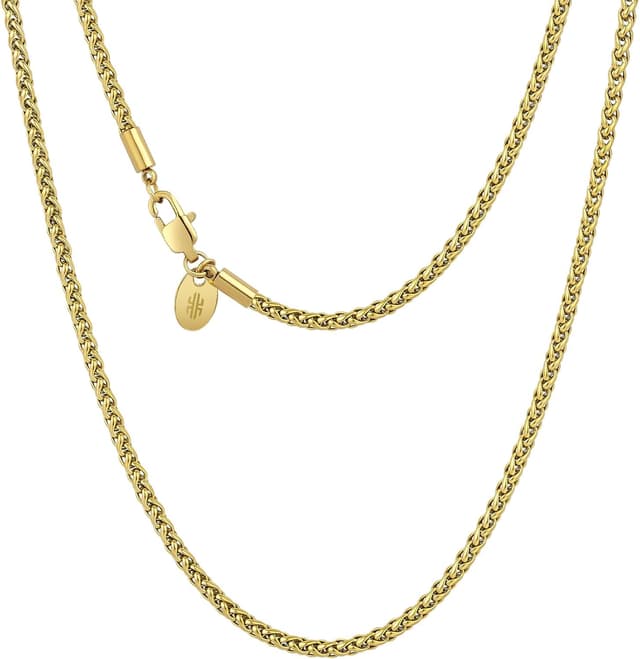 Detalle de KRKC&CO Goldkette/Wheat Rope Kordelkette Herren – Edelstahl, goldbeschichtet, fein (ca. 3,0 mm) mit Karabinerverschluss