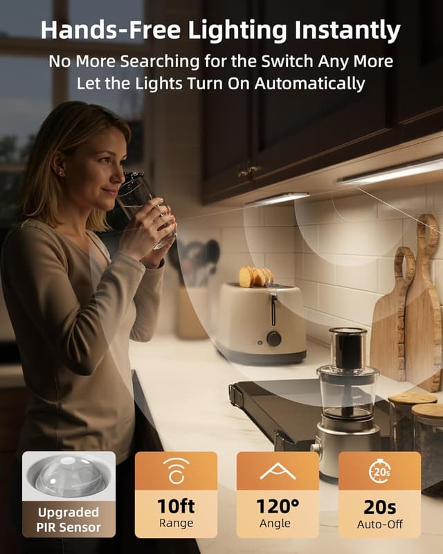 Detalle de EZVALO Under Cabinet Kitchen Lights (2 Pack) – 3-Colour Dimmable Motion Sensor LED Strips, Rechargeable 3200mAh