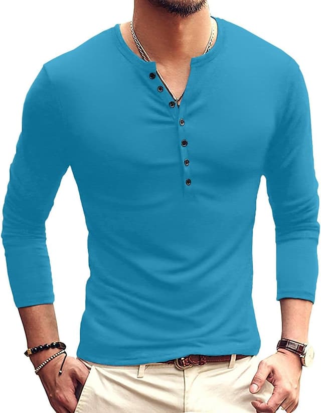 Detalle de KUYIGO Herren Henley Slim-Fit T-Shirt aus Baumwolle (Kurzarm, 7 Knöpfe)