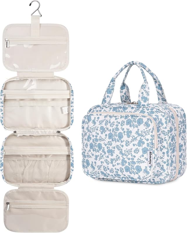 Detalle de Narwey Large Hanging Travel Toiletry Bag for Women (Little Blue Flower) – Organiser wash bag with hook