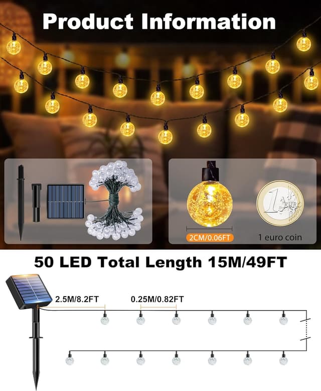 Detalle 1 de btfarm 15 m Solar-Lichterkette mit 50 LED (Kristallkugeln) für außen – 8 Modi, warmweiß, IP65