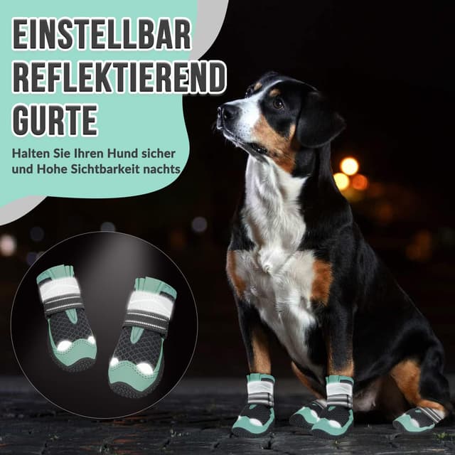 Detalle 2 de Eyein Hundeschuhe Pfotenschutz (2 Stück) atmungsaktiv mit rutschfester Sohle und reflektierendem Klettverschluss – Grün, Größe 3