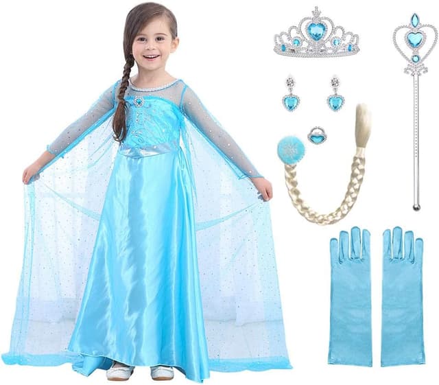 Detalle 2 de URAQT Princess Dress Up Costume for Girls – blue deluxe fancy dress with accessories