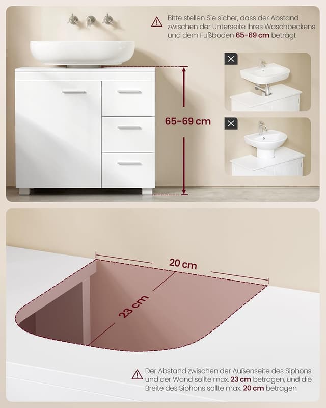 Thumbnail 6 de VASAGLE Waschbeckenunterschrank BBK504W01 mit 3 großen Schubladen, 2 Fächern und Füßen (30 x 70 x 64 cm)