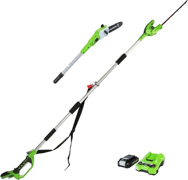 Detalle de Greenworks G24PSHK2 cordless 2-in-1 pole saw and pole hedge trimmer (tool only) with 20cm bar