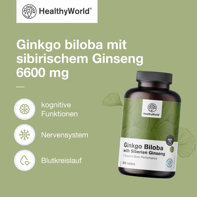 Detalle 2 de HealthyWorld Ginkgo Biloba mit sibirischem Ginseng (6.600 mg) – 365 Tabletten für die tägliche kognitive Unterstützung