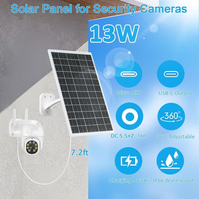 Detalle 2 de FUTUREZEN 13W Solar Panel for Security Cameras & Trail Cameras (USB-C, Micro USB, 5.5x2.1mm DC) with IP66 Weather Protection