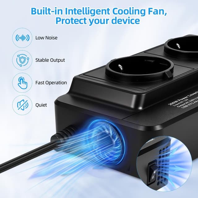 Detalle de URAQT Convertisseur 12V CC vers 230V CA 200W pour voiture avec 2 prises AC et 4 ports USB (QC 3.0)