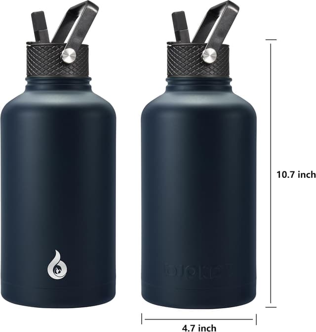Detalle de BJPKPK 64oz Half Gallon Insulated Water Bottle (Navy Blue) with Straw Lid, 3 Lids & Paracord Handle