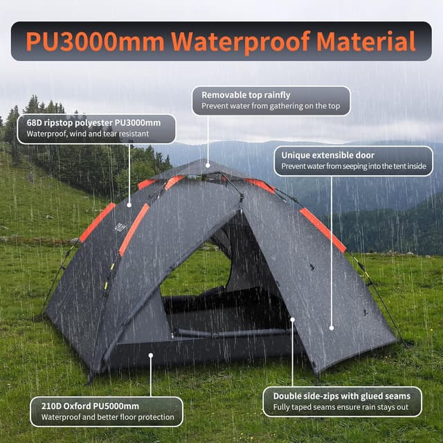 Detalle 2 de Cflity Camping Tent 3-Man Instant Pop Up Dome (Waterproof, Removable Rain-Fly, 2 Extensible Porches)