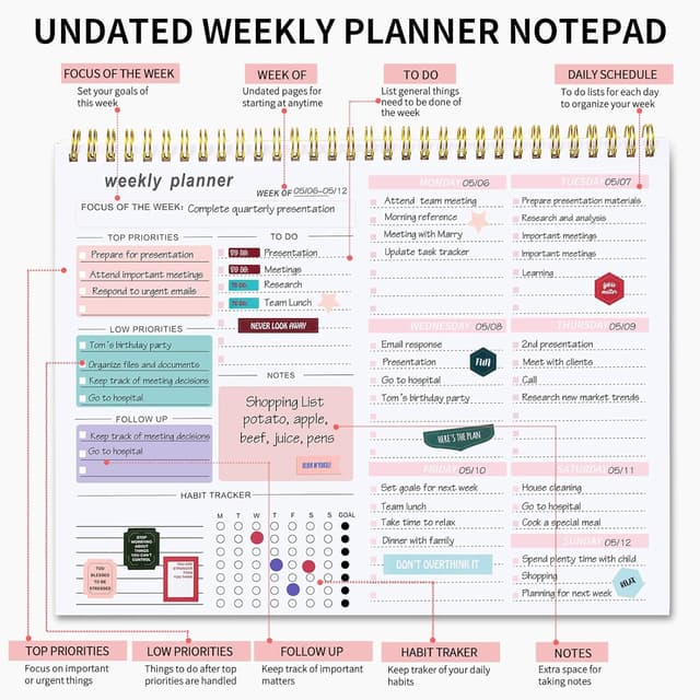 Detalle de Thboxes Weekly Planner To Do List Pad (Undated) – Pink B5 notepad with tear-off sheets and sticker sheets