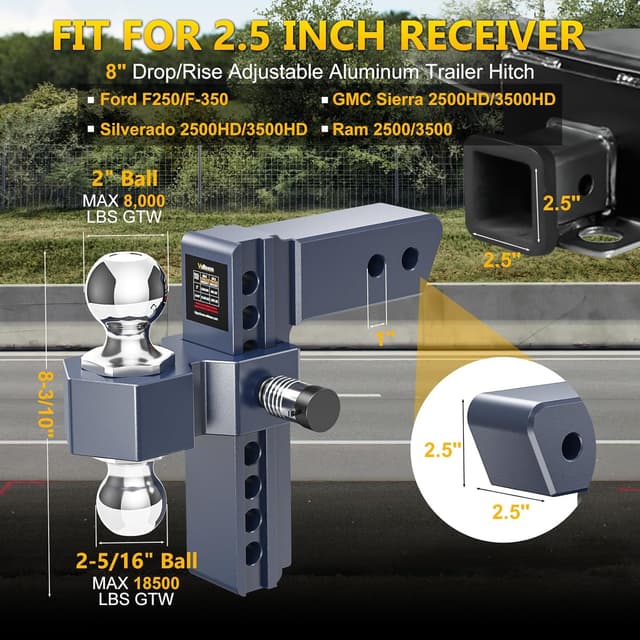 Detalle 2 de Vullteeon Adjustable Trailer Hitch Drop Hitch for 2.5-Inch Receiver (8-Inch Aluminum, Dual-Ball, 18,500 LB)