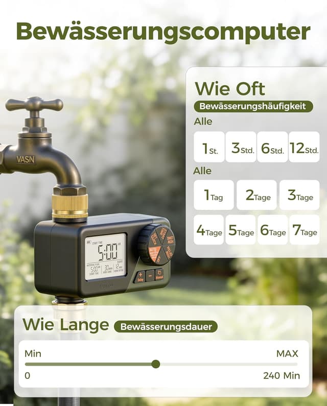 Detalle de Diivoo IP66 Bewässerungscomputer mit großem LCD, Messing-Ein-/Ausgängen und Regenverzögerung