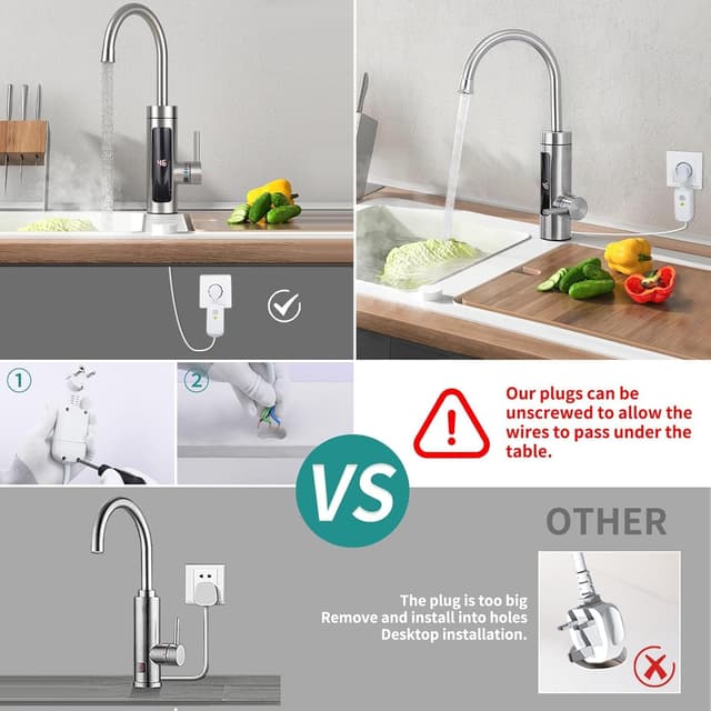 Detalle de HOMELODY Elektrischer Wasserhahn mit Durchlauferhitzer (230 V) und LED-Temperaturanzeige – Edelstahl, 360° drehbar