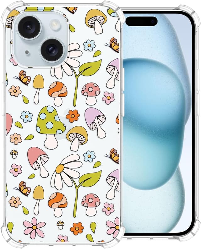 Detalle de CAROKI Clear Phone Case for iPhone 15 with cute mushroom pattern (soft TPU slim protection)