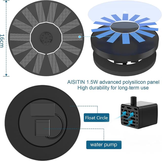 Detalle 2 de AISITIN Solarbrunnen für draußen – Solar Springbrunnen-Pumpe mit 6 Effekten und 4 Stützrohren