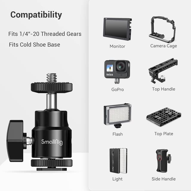 Detalle de SMALLRIG Mini Stativkopf/Kugelgelenk 360° mit 1/4-Blitzschuhadapter – für Monitor, Mikrofon & LED (761)