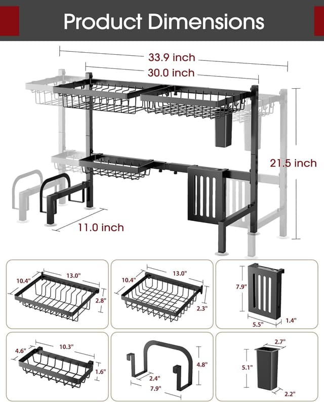 Detalle 2 de Sakugi Over The Sink Dish Drying Rack (Adjustable 2-Tier, Stainless Steel, Black)