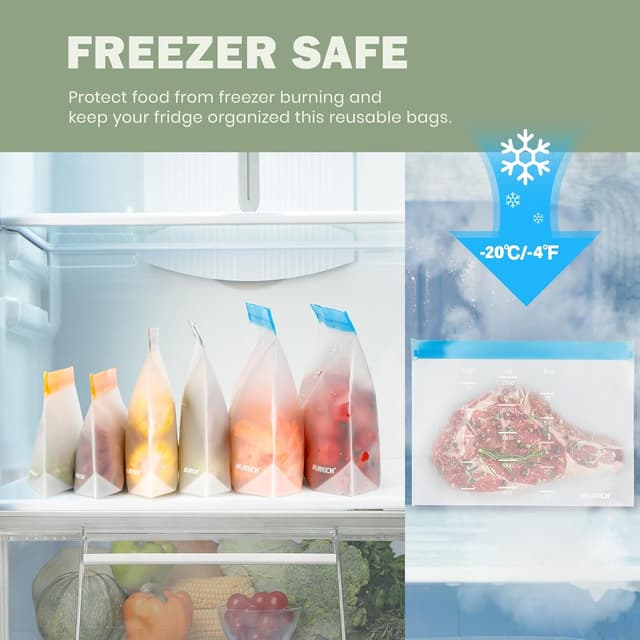 Detalle de IDEATECH Reusable Silicone Freezer Bags (20-Pack) – stand-up food storage pouches, BPA-free