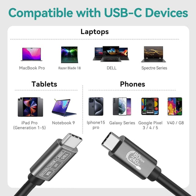 Detalle de Angusplay Thunderbolt 5 USB-C Kabel (PD 240W, 80 Gbit/s, 1 m) für Monitor & Datenübertragung