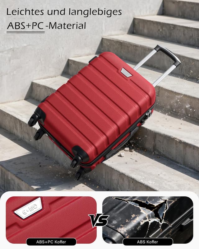 Detalle de COOLIFE 3-teiliges Kofferset für Familienreisen (ABS+PC, Hartschale) mit 360° Spinner & TSA-Zahlenschloss – M + L + XL, Rot