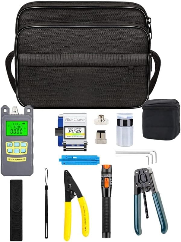 Detalle de Kit fibra ottica FTTH con mannaia FC-6S, misuratore di potenza ottica e pinza spellafili