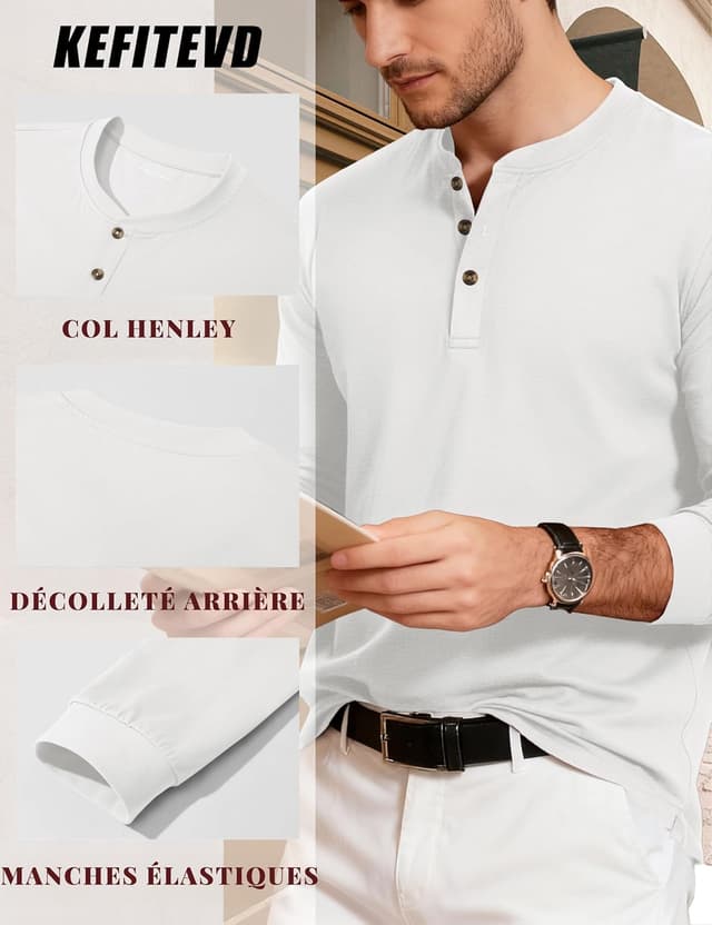 Detalle 2 de T-shirt manches longues Henley en coton KEFITEVD pour homme, col V à 3 boutons