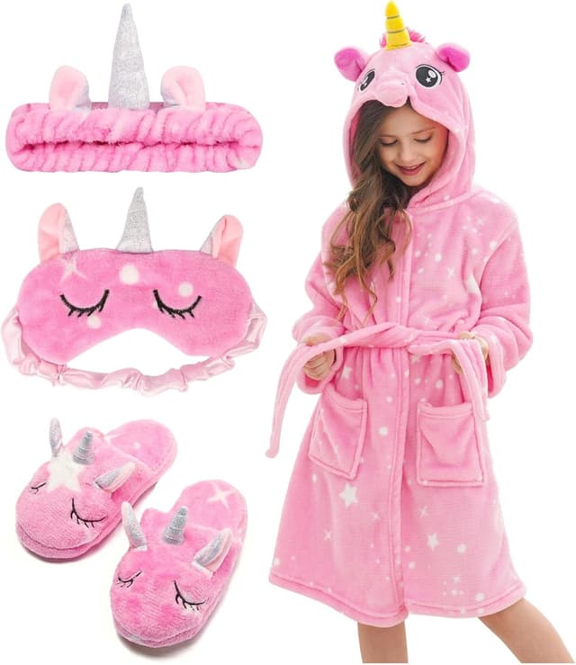 Detalle de Piefry peignoir fille à capuche licorne en flanelle (avec pantoufles) – 4 pièces