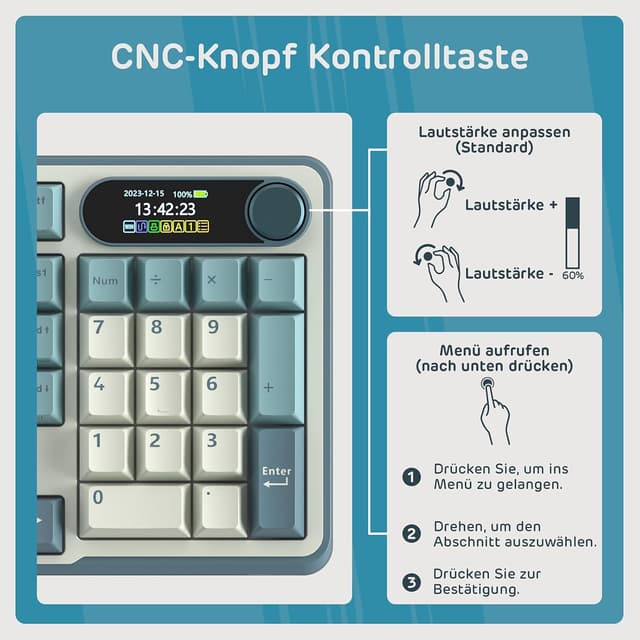 Detalle de RK ROYAL KLUDGE S98 DE mechanische Tastatur mit Smart-Display & Knopf (98 Tasten, Hot-Swap, Top Mount, BT/2.4G/USB-C)