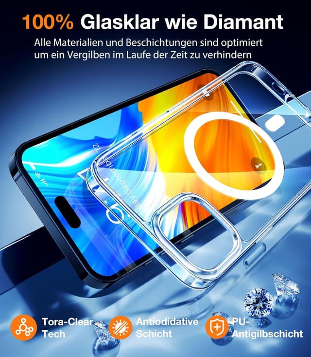 Detalle 2 de TORRAS Diamond-Mag Hülle für iPhone 15 mit MagSafe, transparent und kratzfest