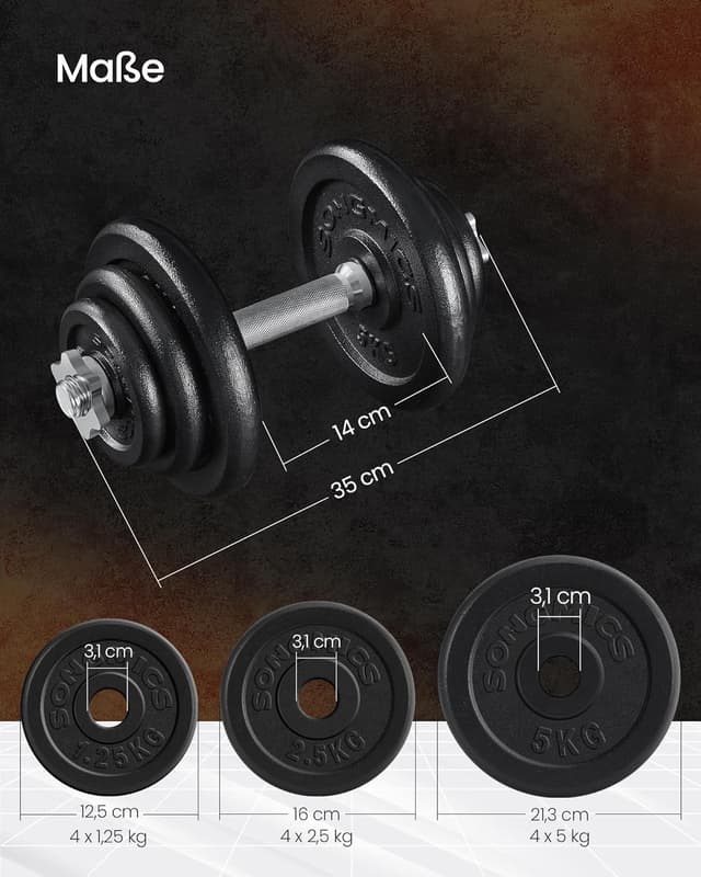 Detalle de SONGMICS verstellbares Hantelset aus Gusseisen (2 x 20 kg) für Krafttraining zuhause