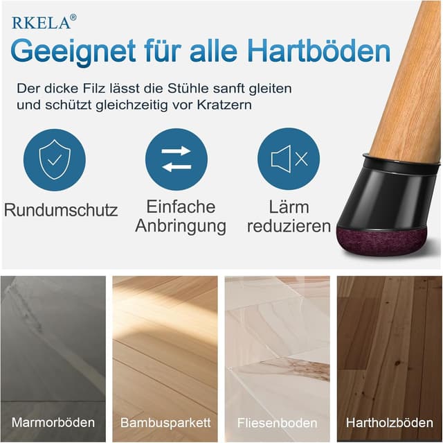 Detalle 2 de Stuhlbeinkappen Schwarz Klein – 16 Silikon-Filzgleiter für runde Beine (14–20 mm)