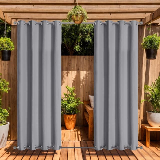 Detalle de LiveGo Outdoor Waterproof Curtains with Stainless Steel Grommets (2 Panels) – 140 x 213cm, light grey