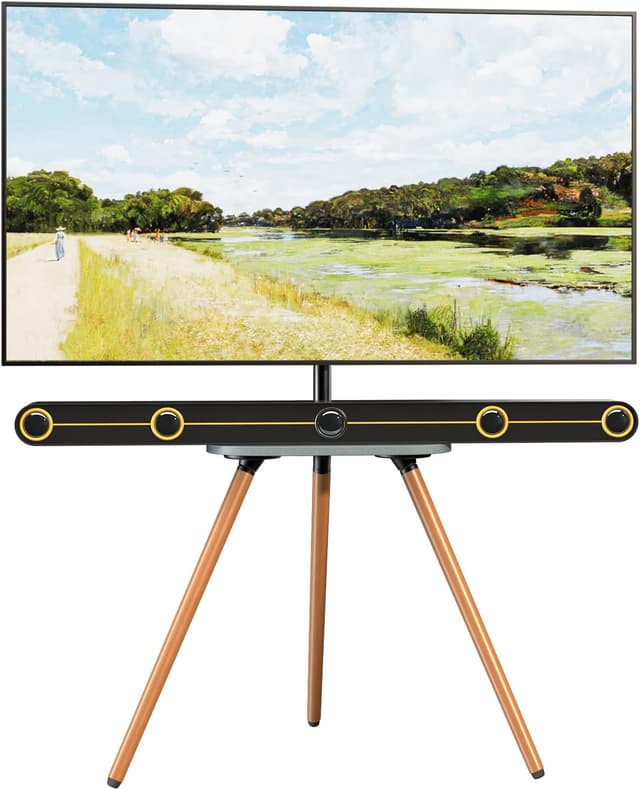 Detalle de PUTORSEN TV Ständer im Staffelei-Design (Dreibein) für 43–65 Zoll, höhenverstellbar, VESA bis 400×400, 35 kg Tragkraft, Schwarz/Nussbaum