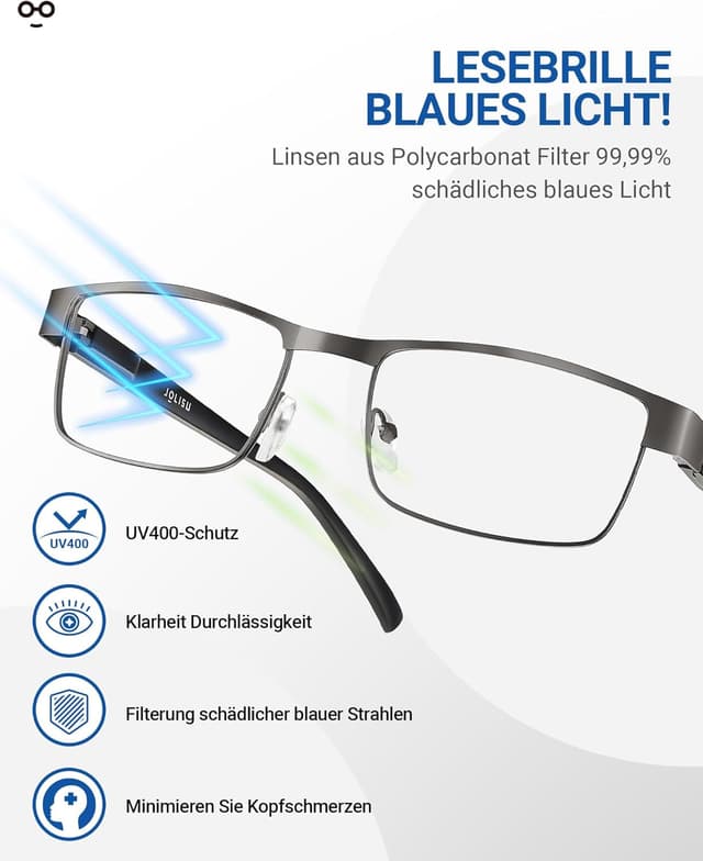 Detalle de JOLISU 5-teilige Lesebrille Herren mit Blaulichtfilter, dünnem Metallrahmen und UV400 (HD-Gläser)
