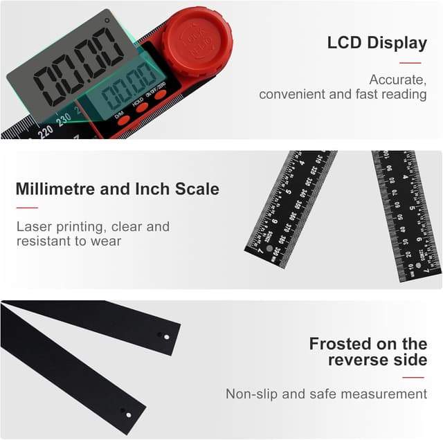Detalle de Aweohtle 2-in-1 digitaler Winkelmesser mit LCD, HOLD und Feststellfunktion – Winkel & Länge bis 400 mm