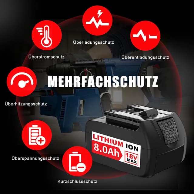 Detalle 2 de 8.0Ah/8000mAh Ersatzakku für Bosch 18V – kompatibel mit BAT609, BAT619, BAT618 und weiteren (2er-Set)