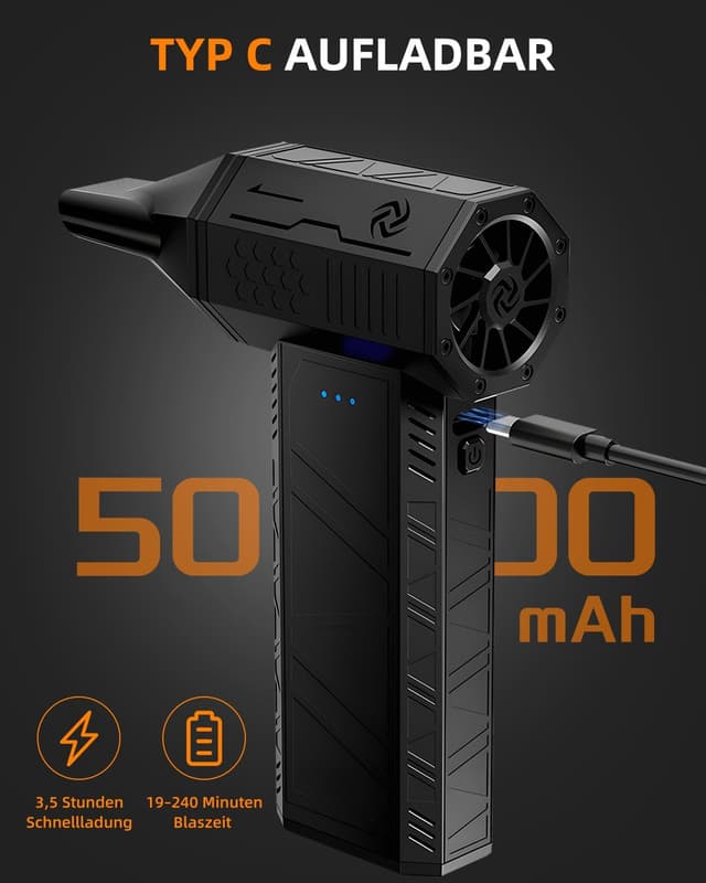 Detalle de Electric Air Cordless Air Duster (110.000 RPM) – akkubetriebenes Mini-Gebläse mit 4 Düsen, 3 Stufen und Überhitzungsschutz