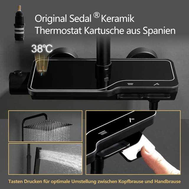 Detalle de Colonna doccia Görbach Nero con termostatico in acciaio inox 304 e soffione 20×20 cm