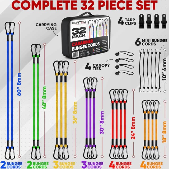 Detalle de FORTEM Carabiner Bungee Cord Assortment (32-pack) with Coated Metal Hooks