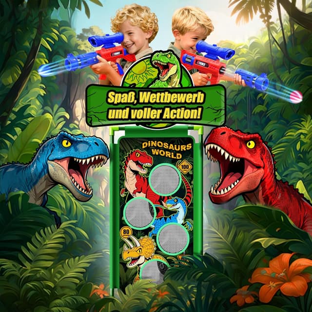 Detalle de Dinosaurier-Schießspielzeug für Jungen (ab 3–12 Jahre) – 2 Popper-Pistolen mit Schaumbällen