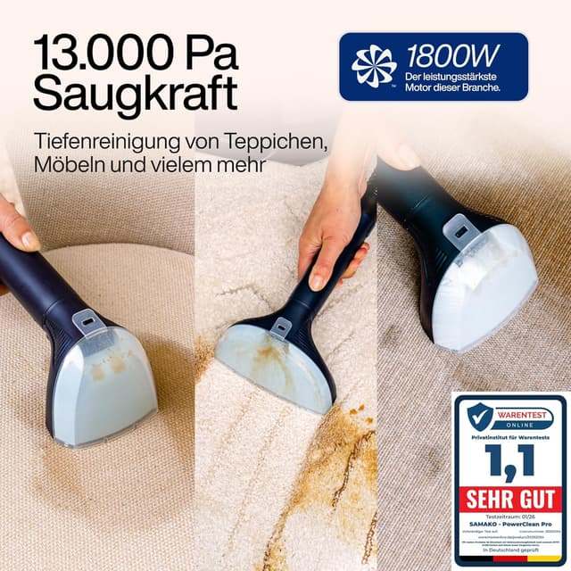 Detalle 2 de SAMAKO PowerClean Pro Waschsauger für Polster & Teppich mit Dampf – Doppeltank-System, 8 Aufsätze